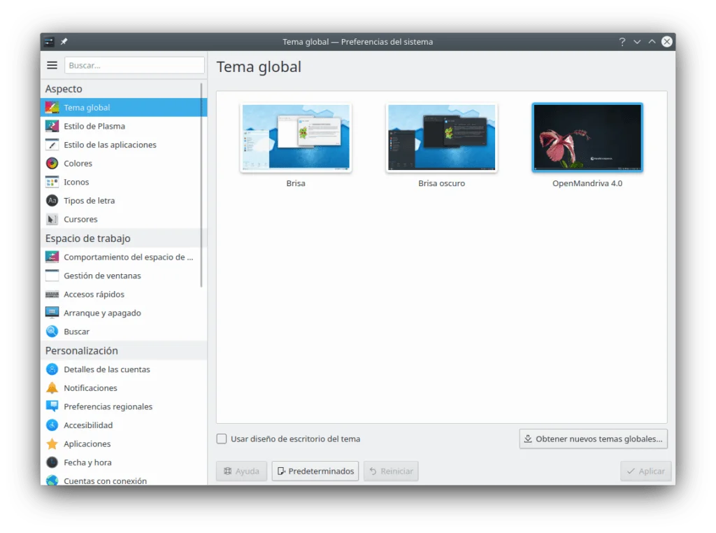 Selección de temas personalizados de Openmandriva