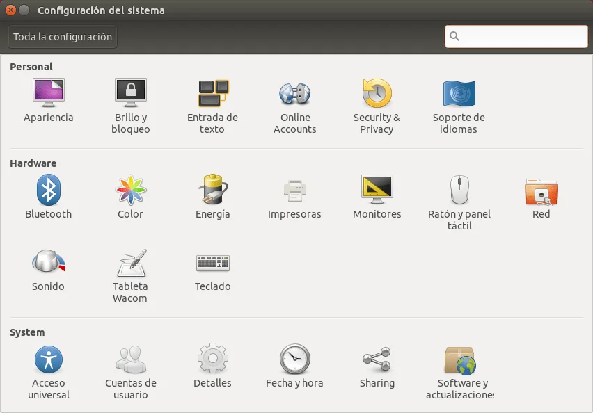 Panel de control de Unity