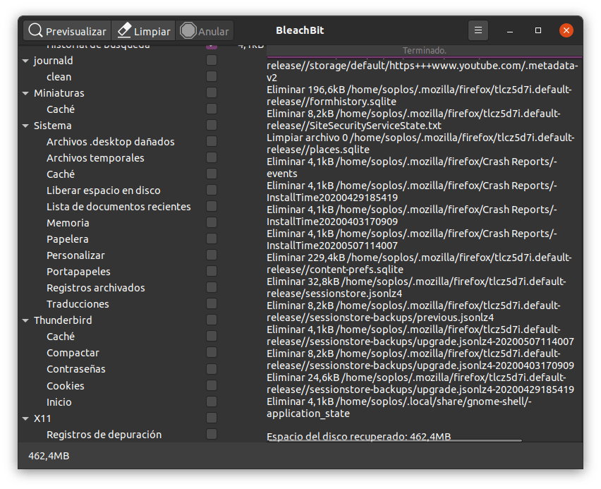 Terminado el proceso de limpieza con Bleachbit