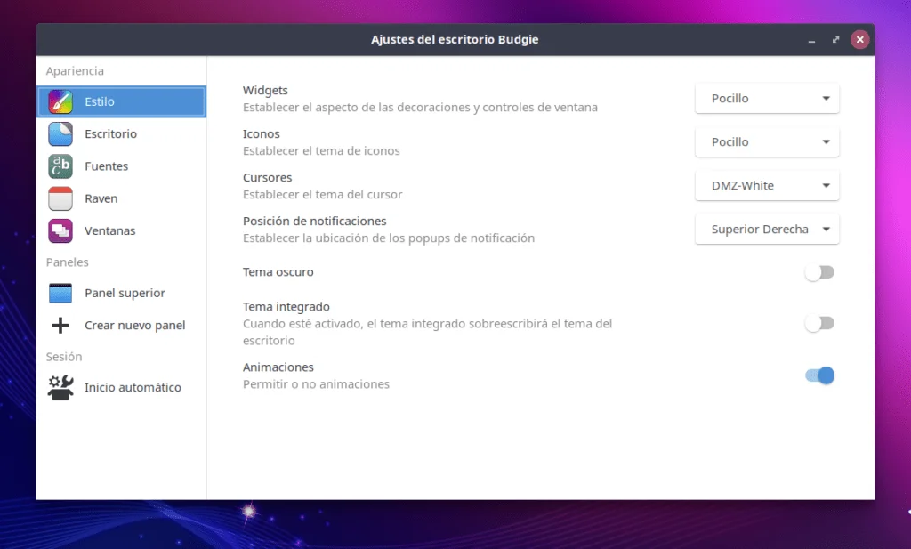 Ajustes de Escritorio Budgie