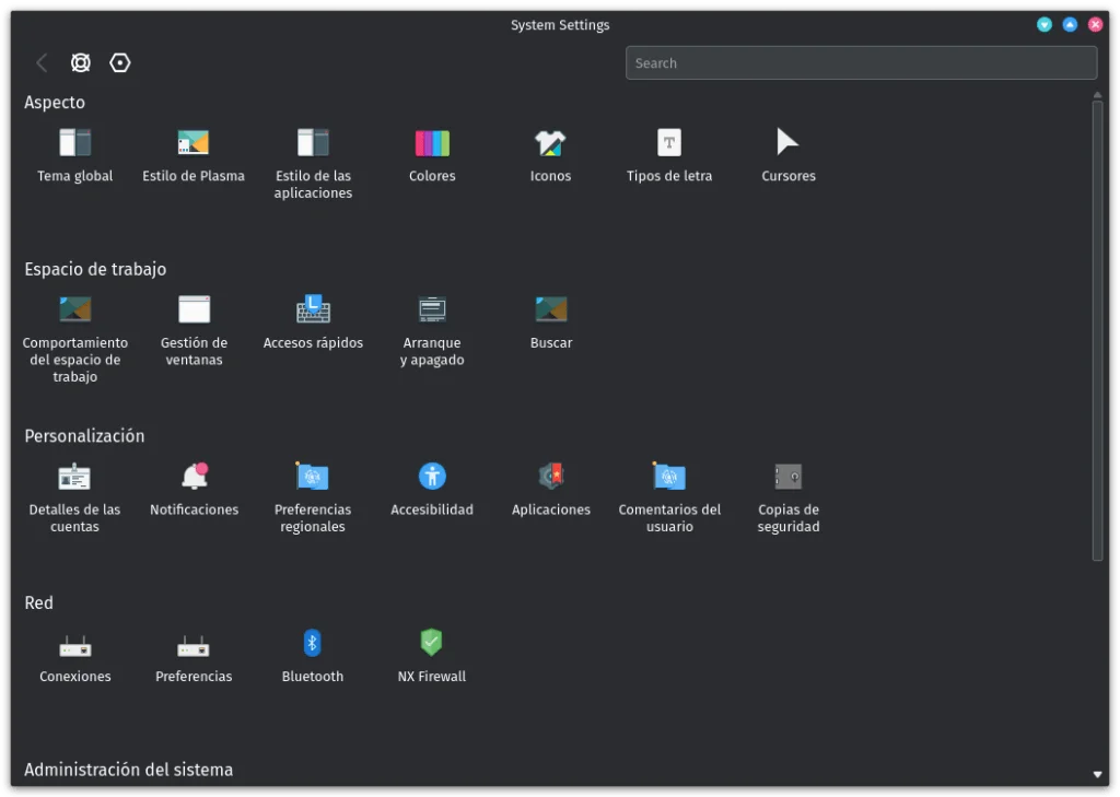 Panel de control de Nitrux