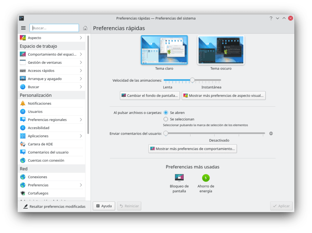 Panel de control de KDE neon