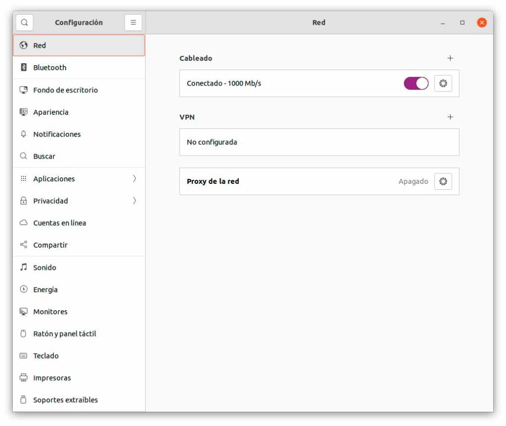 Panel de control de Ubuntu 21.10